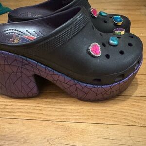 CROCS Black Platform Clog Mules with Purple Patterned Sole and Jewel Charms